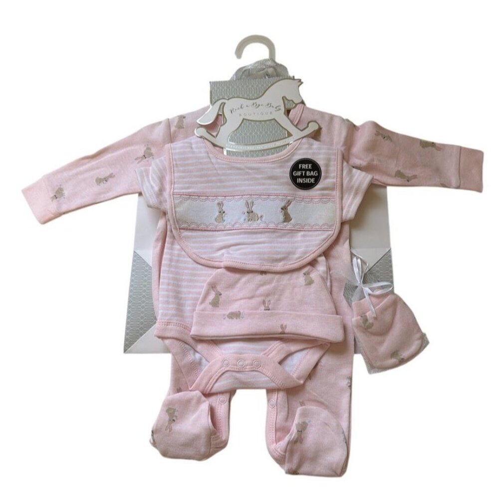 Rock A Bye Baby Boutique Newborn Pink Bunny Gift Set With Bag 4-Piece Outfit